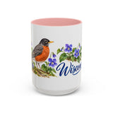 Wisconsin State Bird and Flower Mug, Watercolor Botanical Coffee Cup, Nature Lover Gift, 11oz 15oz Accent Mug — 15oz / Pink — front