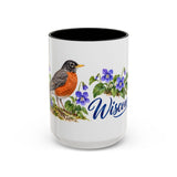 Wisconsin State Bird and Flower Mug, Watercolor Botanical Coffee Cup, Nature Lover Gift, 11oz 15oz Accent Mug — 15oz / Black — front