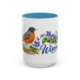Wisconsin State Bird and Flower Mug, Watercolor Botanical Coffee Cup, Nature Lover Gift, 11oz 15oz Accent Mug — 15oz / Light Blue — front