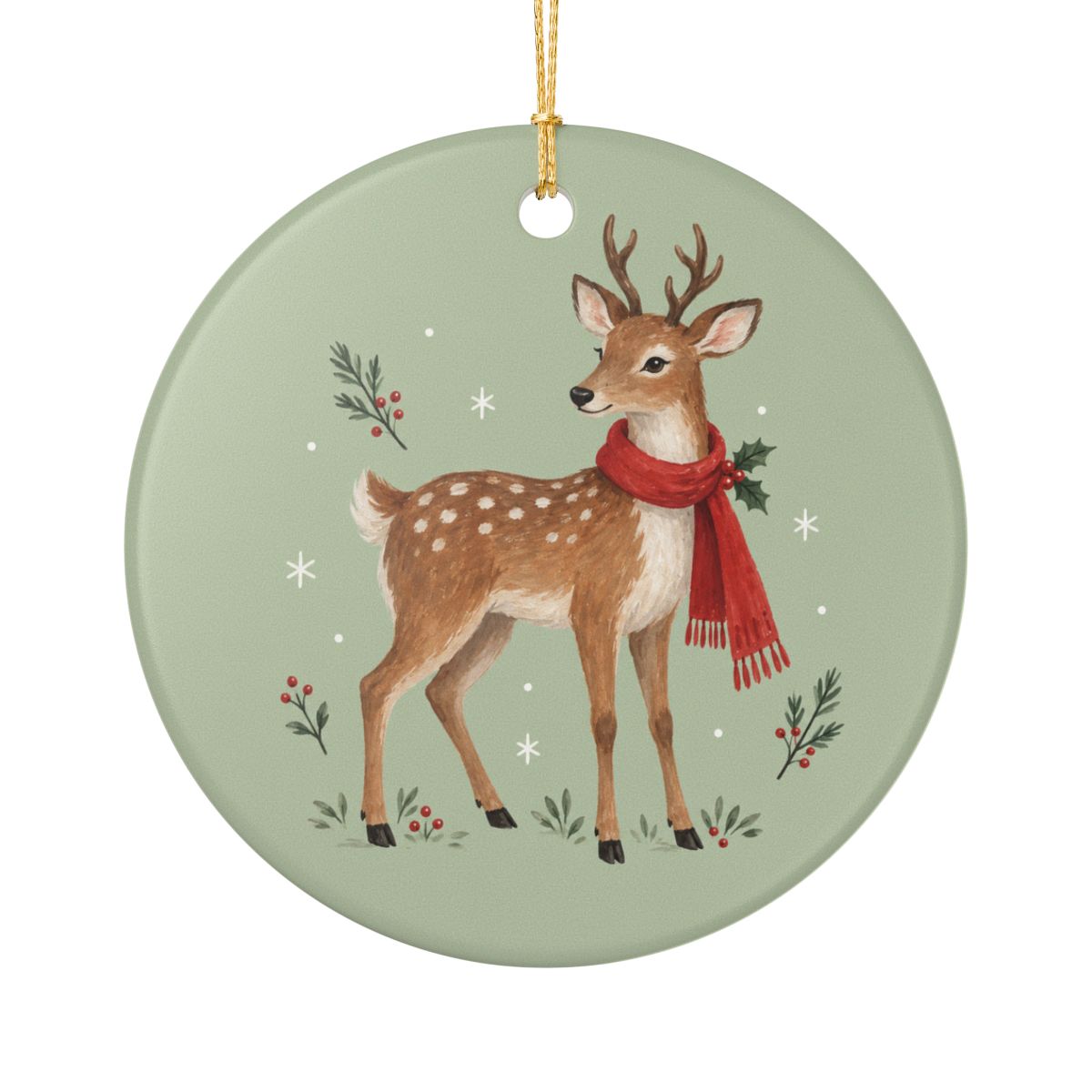 Woodland Reindeer Ceramic Ornament, Double Sided Round Christmas Decoration, Holiday Keepsake Gift — Front view — Photo 1