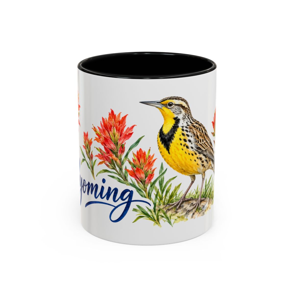 Wyoming State Bird and Flower Mug, Watercolor Botanical Coffee Cup, Nature Lover Gift, 11oz 15oz Accent Mug — 11oz / Black — front