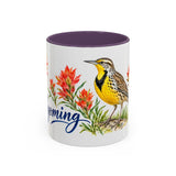 Wyoming State Bird and Flower Mug, Watercolor Botanical Coffee Cup, Nature Lover Gift, 11oz 15oz Accent Mug — 11oz / Purple — front