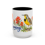 Wyoming State Bird and Flower Mug, Watercolor Botanical Coffee Cup, Nature Lover Gift, 11oz 15oz Accent Mug — 15oz / Black — front