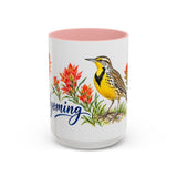 Wyoming State Bird and Flower Mug, Watercolor Botanical Coffee Cup, Nature Lover Gift, 11oz 15oz Accent Mug — 15oz / Pink — front
