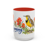 Wyoming State Bird and Flower Mug, Watercolor Botanical Coffee Cup, Nature Lover Gift, 11oz 15oz Accent Mug — 15oz / Red — front