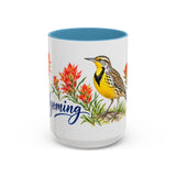 Wyoming State Bird and Flower Mug, Watercolor Botanical Coffee Cup, Nature Lover Gift, 11oz 15oz Accent Mug — 15oz / Light Blue — front