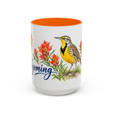 Wyoming State Bird and Flower Mug, Watercolor Botanical Coffee Cup, Nature Lover Gift, 11oz 15oz Accent Mug — 15oz / Orange — front