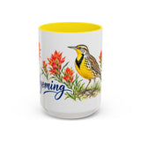 Wyoming State Bird and Flower Mug, Watercolor Botanical Coffee Cup, Nature Lover Gift, 11oz 15oz Accent Mug — 15oz / Yellow — front