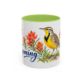 Wyoming State Bird and Flower Mug, Watercolor Botanical Coffee Cup, Nature Lover Gift, 11oz 15oz Accent Mug — 11oz / Light Green — front