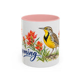 Wyoming State Bird and Flower Mug, Watercolor Botanical Coffee Cup, Nature Lover Gift, 11oz 15oz Accent Mug — 11oz / Pink — front
