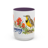 Wyoming State Bird and Flower Mug, Watercolor Botanical Coffee Cup, Nature Lover Gift, 11oz 15oz Accent Mug — 15oz / Purple — front
