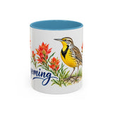 Wyoming State Bird and Flower Mug, Watercolor Botanical Coffee Cup, Nature Lover Gift, 11oz 15oz Accent Mug — 11oz / Light Blue — front