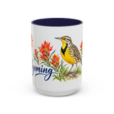 Wyoming State Bird and Flower Mug, Watercolor Botanical Coffee Cup, Nature Lover Gift, 11oz 15oz Accent Mug — 15oz / Navy — front