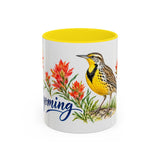 Wyoming State Bird and Flower Mug, Watercolor Botanical Coffee Cup, Nature Lover Gift, 11oz 15oz Accent Mug — 11oz / Yellow — front