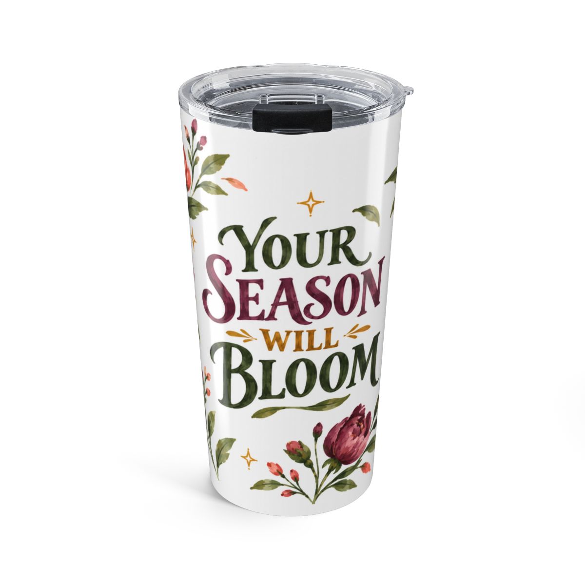 Your Season Will Bloom 20oz Tumbler, Botanical Inspirational Quote Gift, Insulated Stainless Steel Travel Cup — Front view — Photo 1