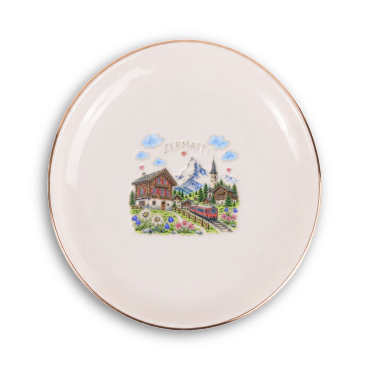Zermatt Ceramic Ring Dish, Gold Rim Trinket Tray, Jewelry Holder Gift, Round Wavy Round Heart — Front view — Photo 1